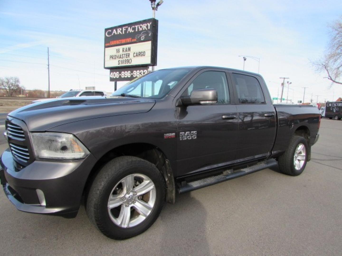 2015 Gray /Gray Leather RAM 1500 Sport Crew Cab 4WD (1C6RR7UTXFS) with an 5.7L V8 OHV 16V engine, 6-Speed Automatic transmission, located at 4562 State Avenue, Billings, MT, 59101, (406) 896-9833, 45.769516, -108.526772 - 2015 RAM 1500 Sport Crew Cab 4WD - Leather - Low miles! 5.7L V8 OHV 16V Hemi Engine - 8 speed automatic transmission - 4WD - 102,369 miles - Inspected and serviced - Copy of inspection and work performed as well as full vehicle history report provided! Sport Edition - climate control - air con - Photo#0